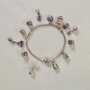 Pandora Bracelet with 13 Charms // 3 are spacer charms sterling silver EUC